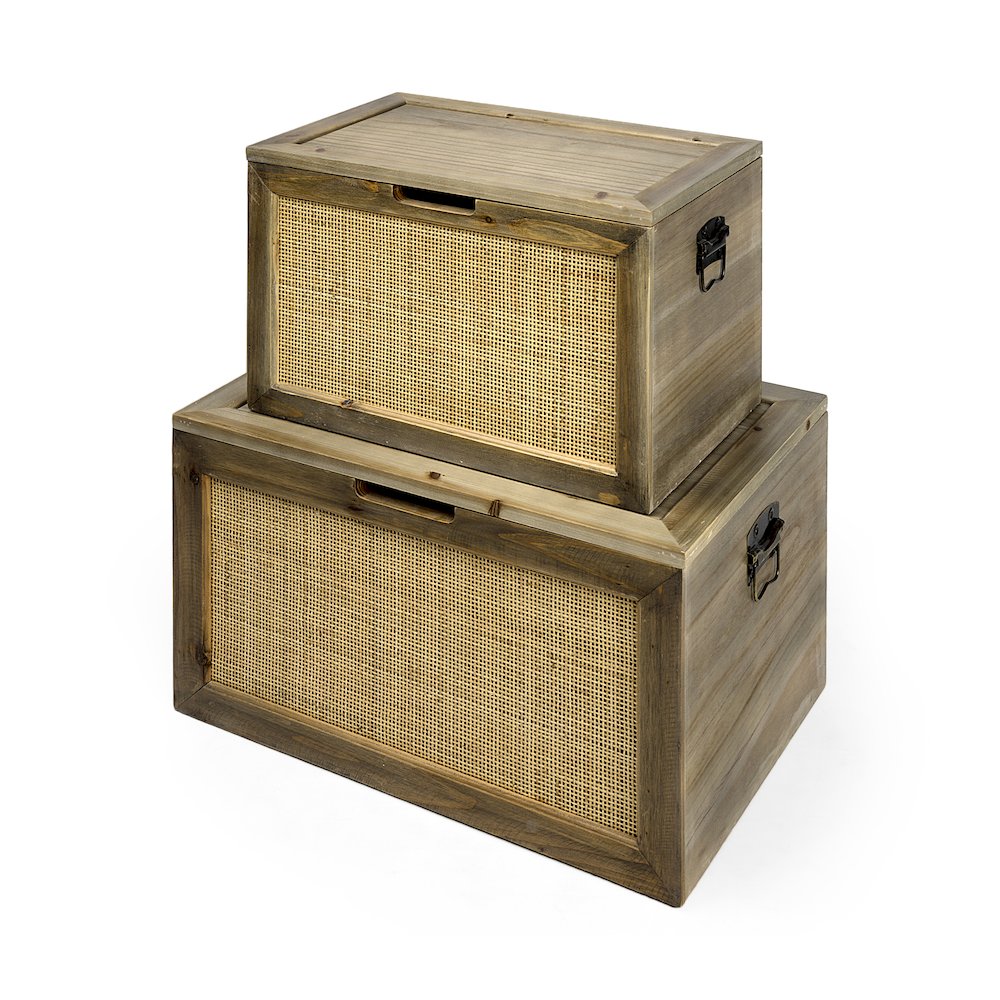 Set of Two Brown Wood and Wicker W/ Metal Detail Rectangular Boxes. Picture 1