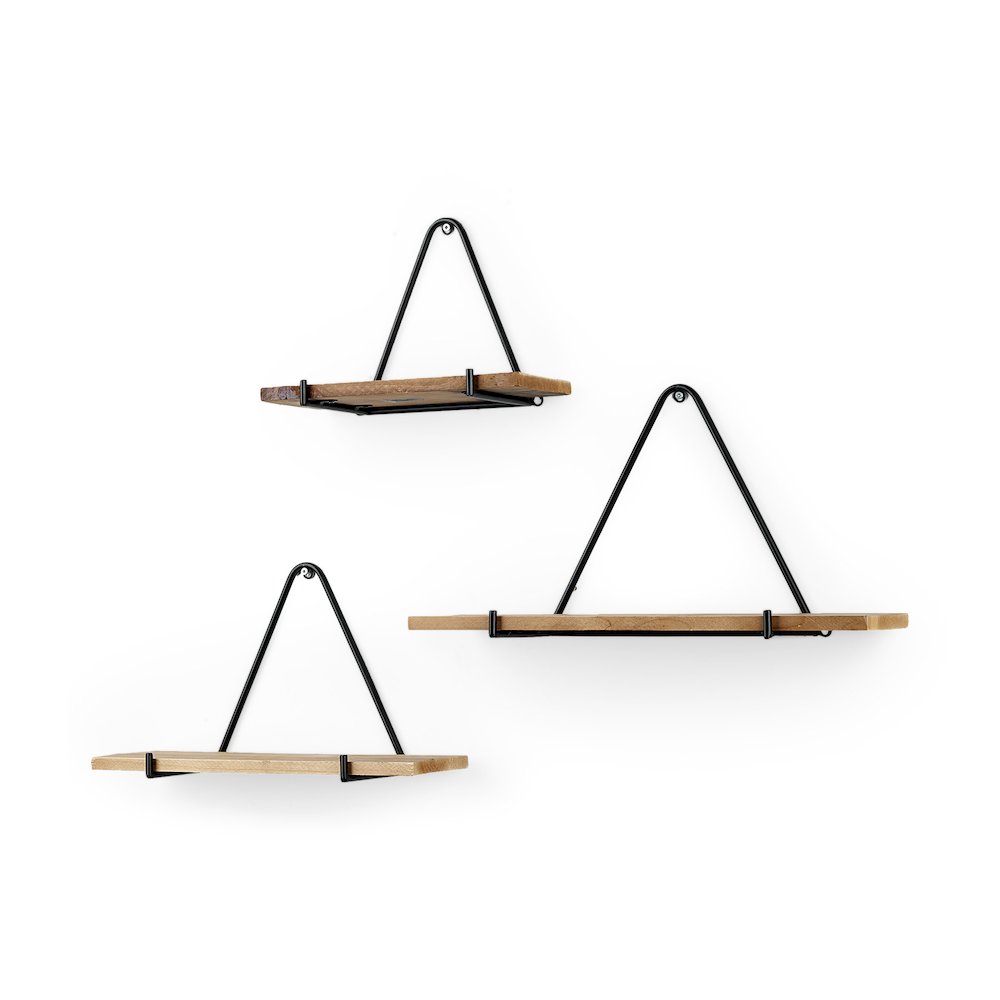 Set of Three Brown Wood W/ Black Metal Triangular Hanging Shelves. Picture 1