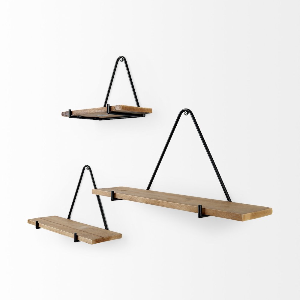 Set of Three Brown Wood W/ Black Metal Triangular Hanging Shelves. Picture 2