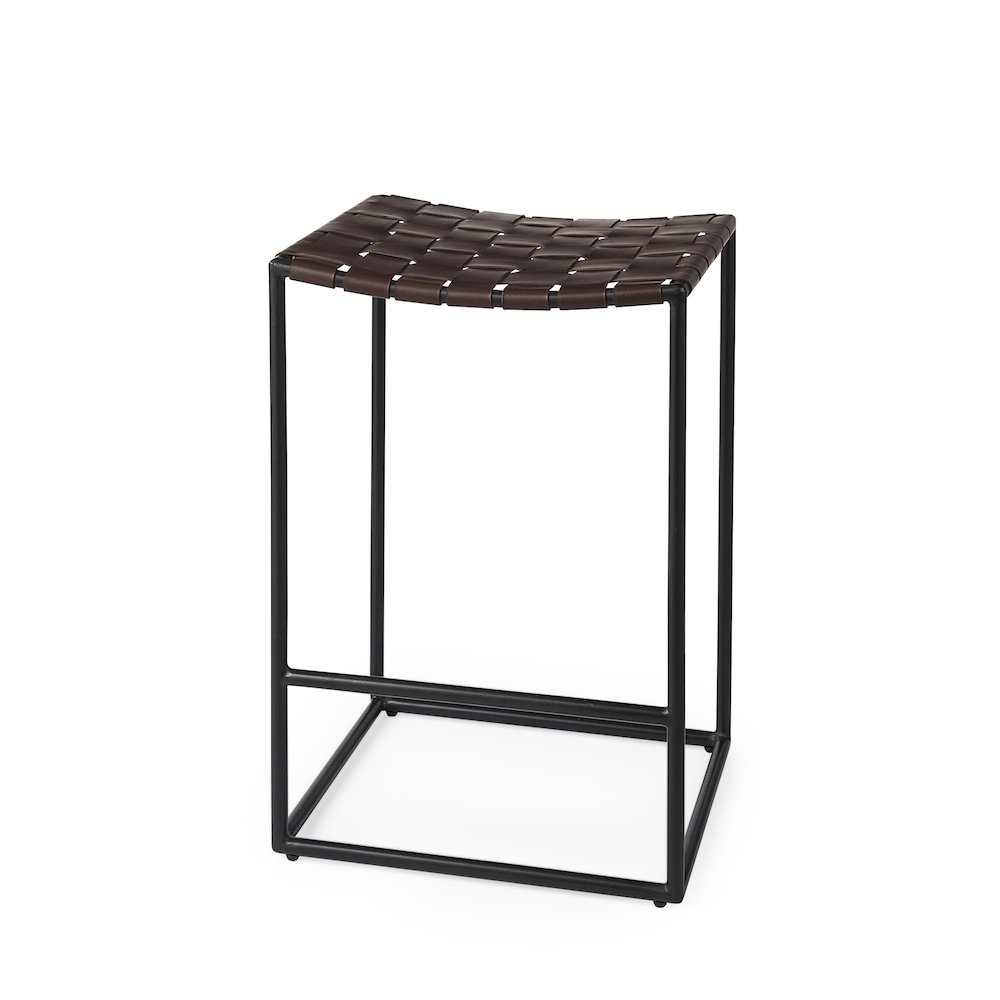 Dark Brown Woven Leather Seat W/ Black Iron Frame Counter Stool. Picture 1