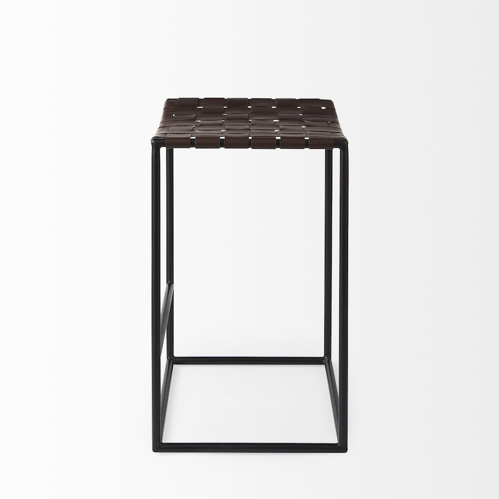 Dark Brown Woven Leather Seat W/ Black Iron Frame Counter Stool. Picture 3