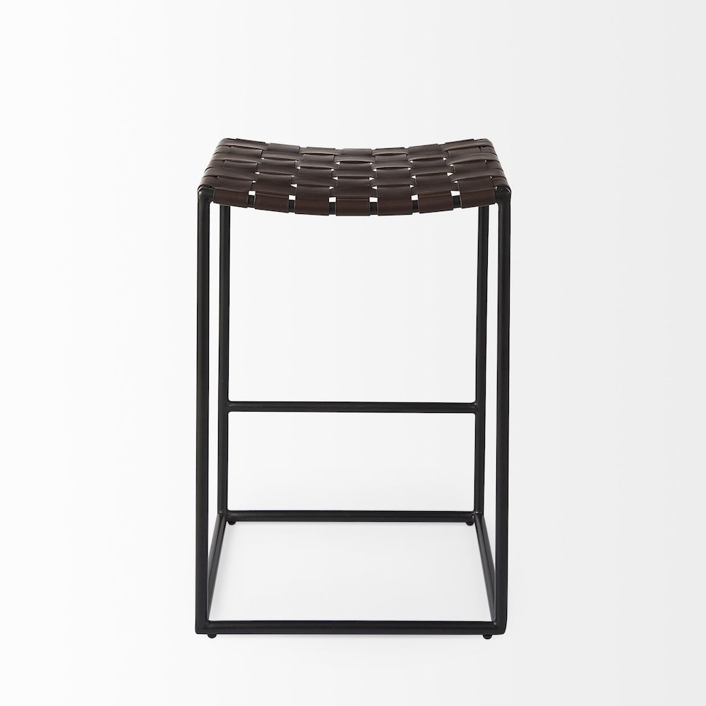 Dark Brown Woven Leather Seat W/ Black Iron Frame Counter Stool. Picture 4