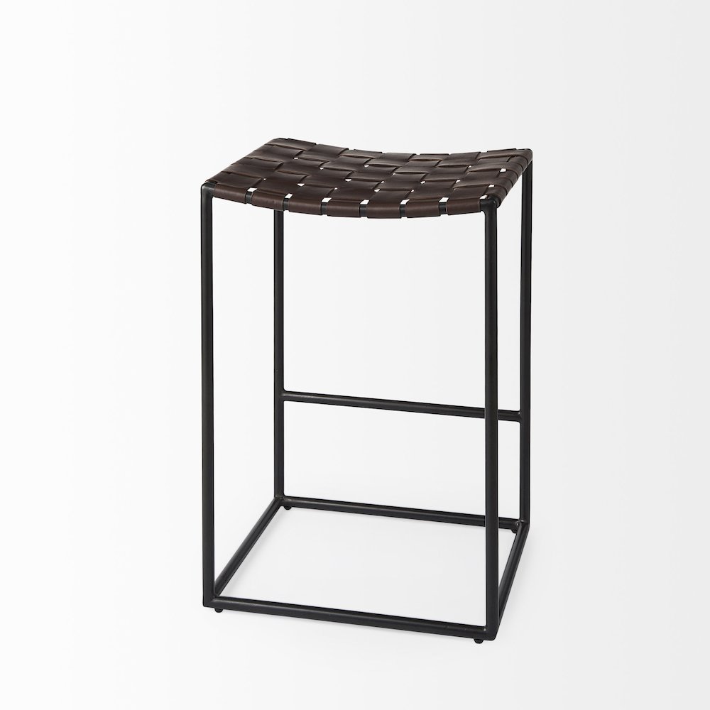 Dark Brown Woven Leather Seat W/ Black Iron Frame Counter Stool. Picture 5