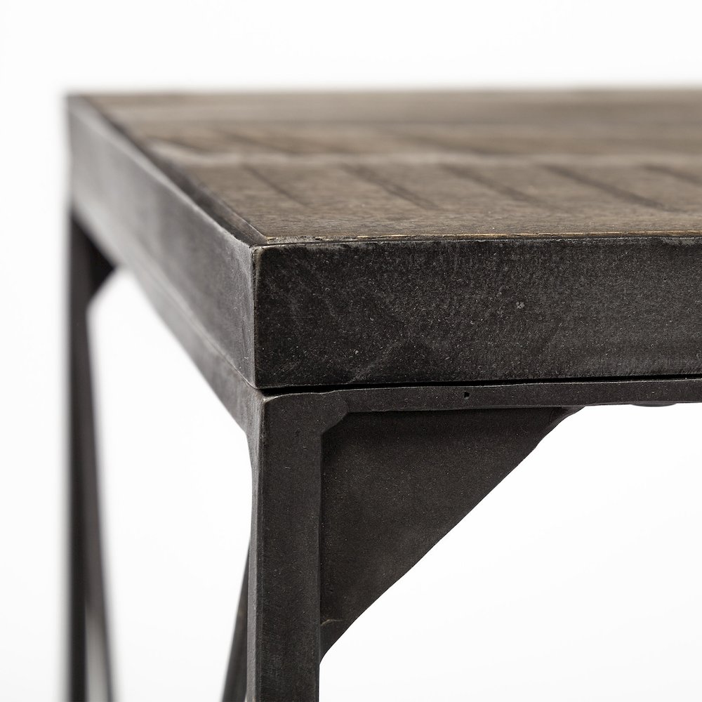 Square Top Medium Brown Wood and Iron Cross Braced End/Side Table. Picture 4