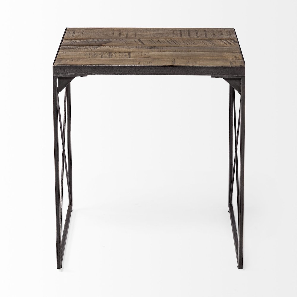 Square Top Medium Brown Wood and Iron Cross Braced End/Side Table. Picture 3