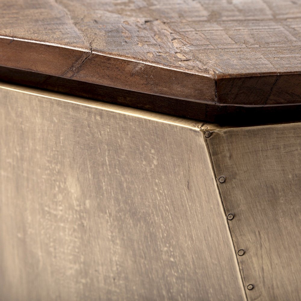 Esagono Octagonal Gold Metal-Clad Reclaimed Wood End/Side Table w/ Storage. Picture 3