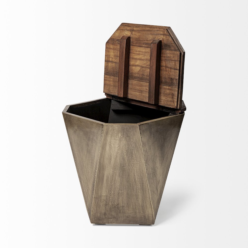 Esagono Octagonal Gold Metal-Clad Reclaimed Wood End/Side Table w/ Storage. Picture 4