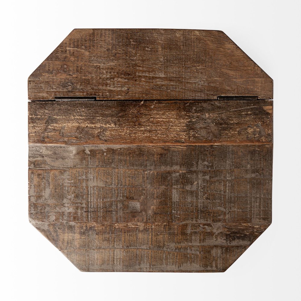Esagono Octagonal Gold Metal-Clad Reclaimed Wood End/Side Table w/ Storage. Picture 5