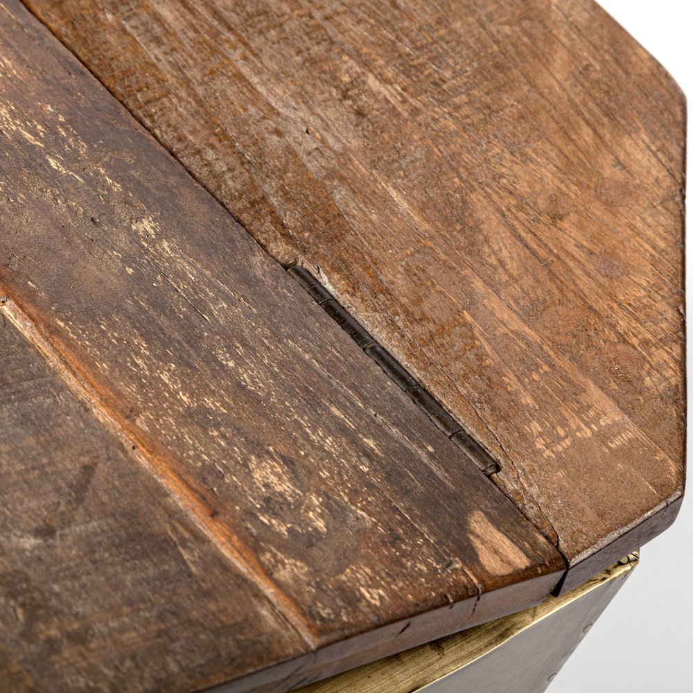 Esagono Octagonal Gold Metal-Clad Reclaimed Wood End/Side Table w/ Storage. Picture 7
