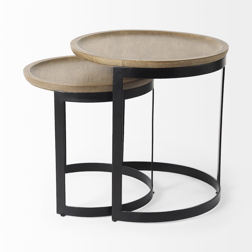 (Set of 2) Light Brown Wood W/ Black Metal Base Round Nesting Side Tables. Picture 2