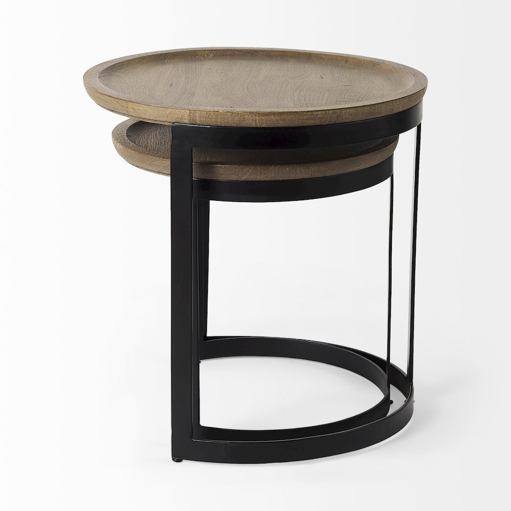 (Set of 2) Light Brown Wood W/ Black Metal Base Round Nesting Side Tables. Picture 3