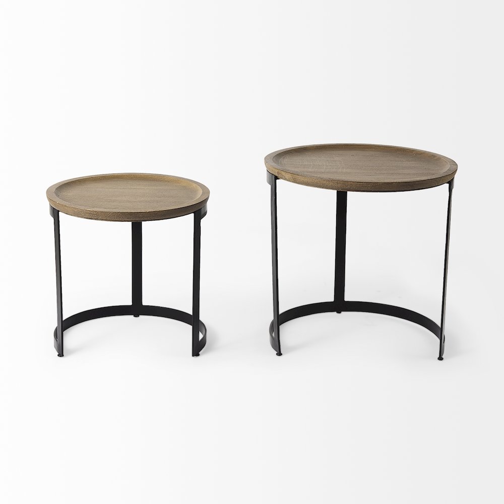 (Set of 2) Light Brown Wood W/ Black Metal Base Round Nesting Side Tables. Picture 4