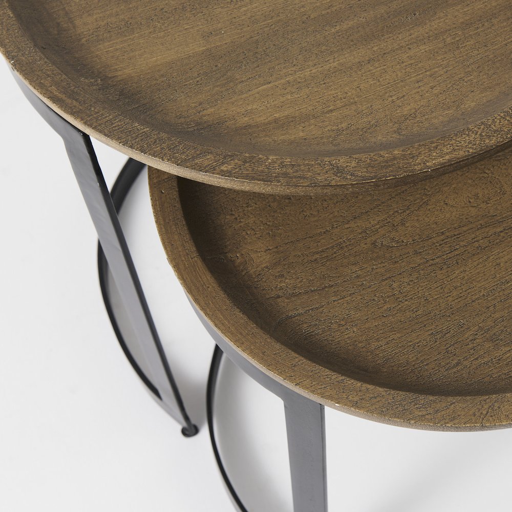 (Set of 2) Light Brown Wood W/ Black Metal Base Round Nesting Side Tables. Picture 7