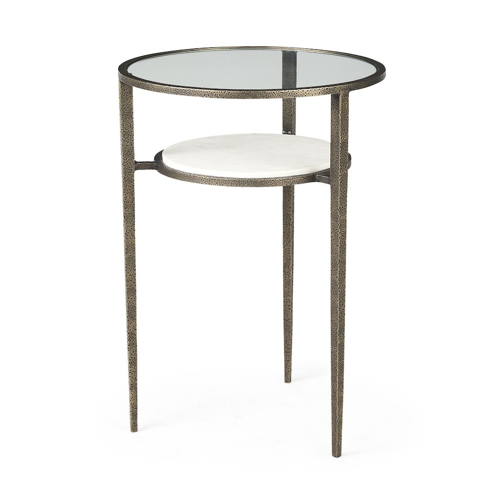 Glass Top W/ White Marble Shelf and Antique Gold Base End/Side Table. Picture 1