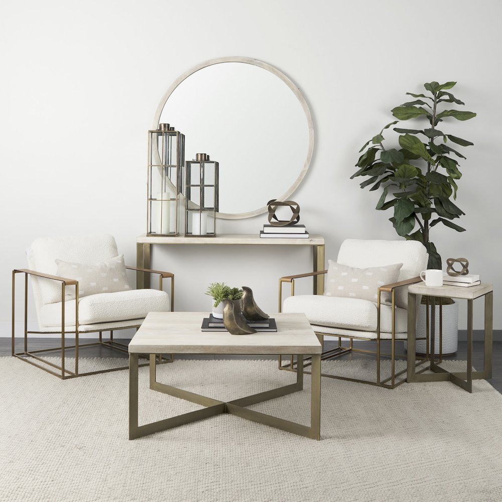 Faye 50L x 15W x 30H Barely Gray Finished Wood W/Gold Metal Base Console Table. Picture 7