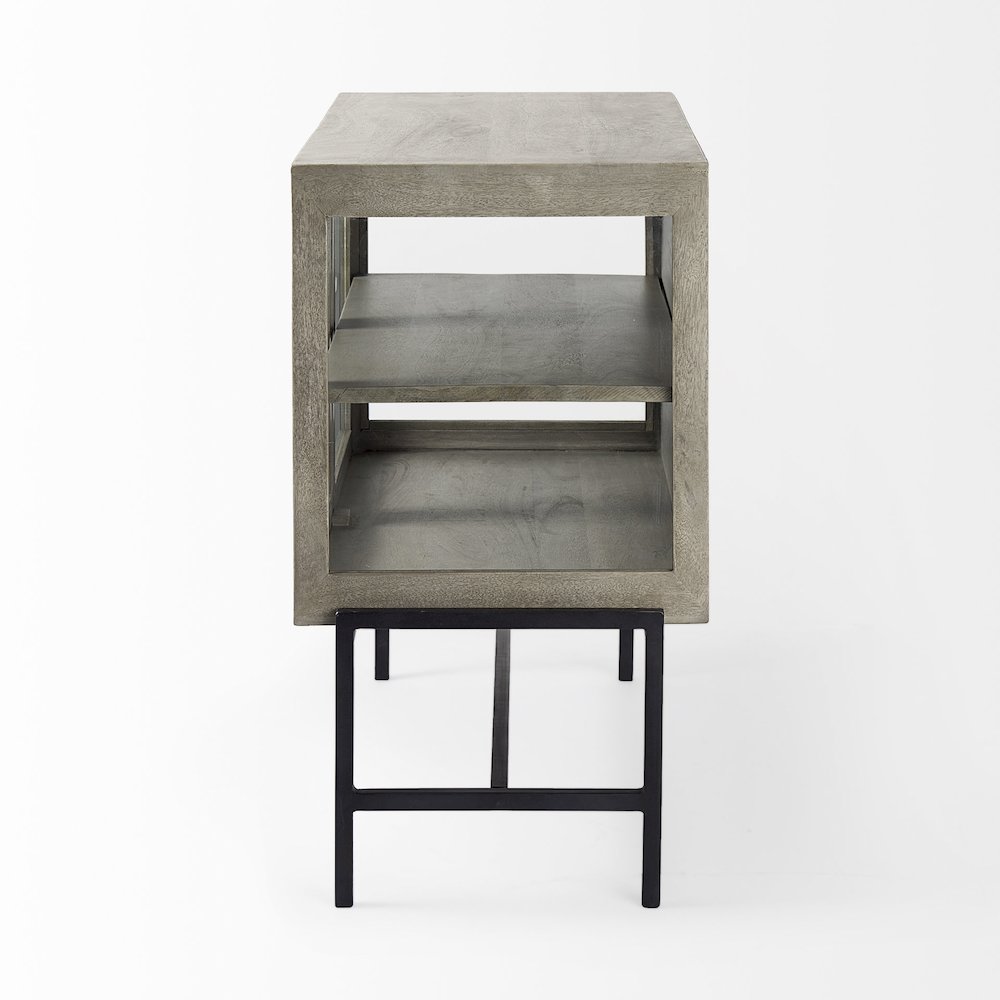 36L x 18W x 32H Gray Wood, Black Metal Base w/ 2 Glass Doors Accent Cabinet. Picture 3