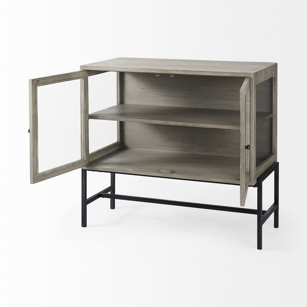 36L x 18W x 32H Gray Wood, Black Metal Base w/ 2 Glass Doors Accent Cabinet. Picture 4