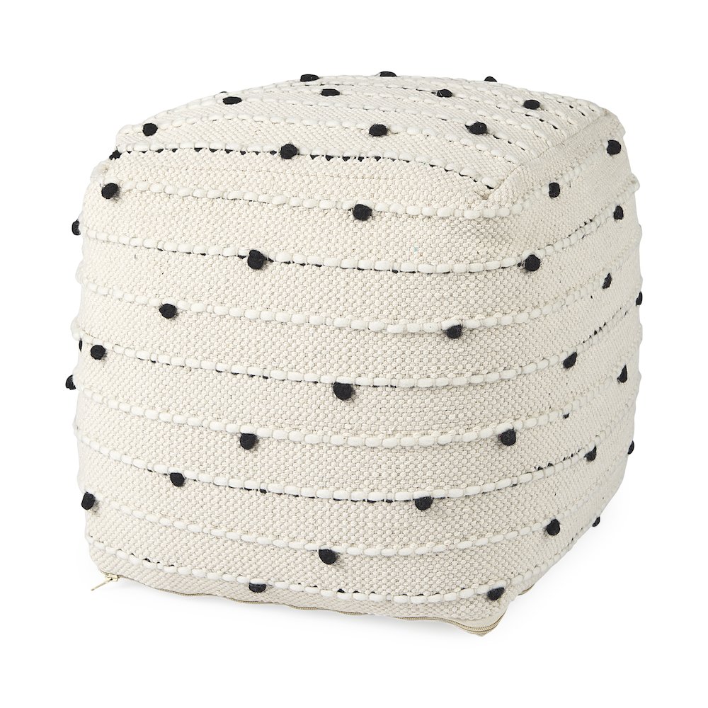 Amaira 16.0L x 16.0W x 16.0H Cream/Black/White patterned Wool and Cotton Pouf. Picture 1