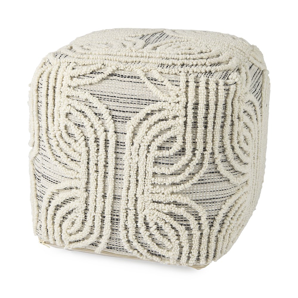 Amaya 16.0L x 16.0W x 16.0H Cream/Black/Gray Wool and Cotton Pouf. Picture 1