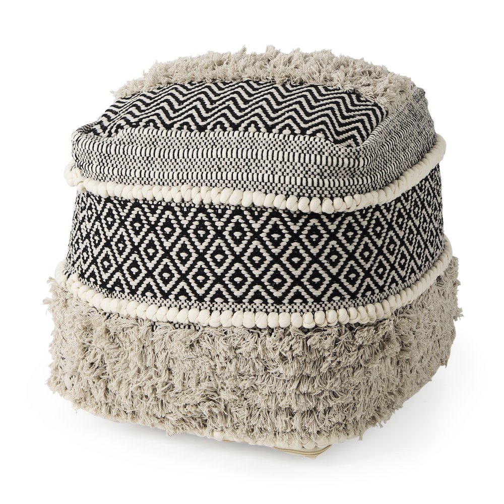 Darika 16.0L x 16.0W x 16.0H Black/White/Gray Cotton Pouf. Picture 1