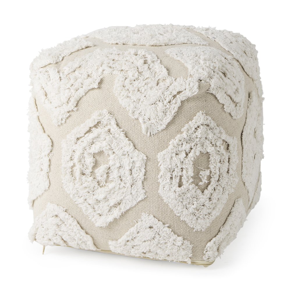 Ekanta 16.0L x 16.0W x 16.0H  Cream/Beige Patterned Cotton Pouf. Picture 1