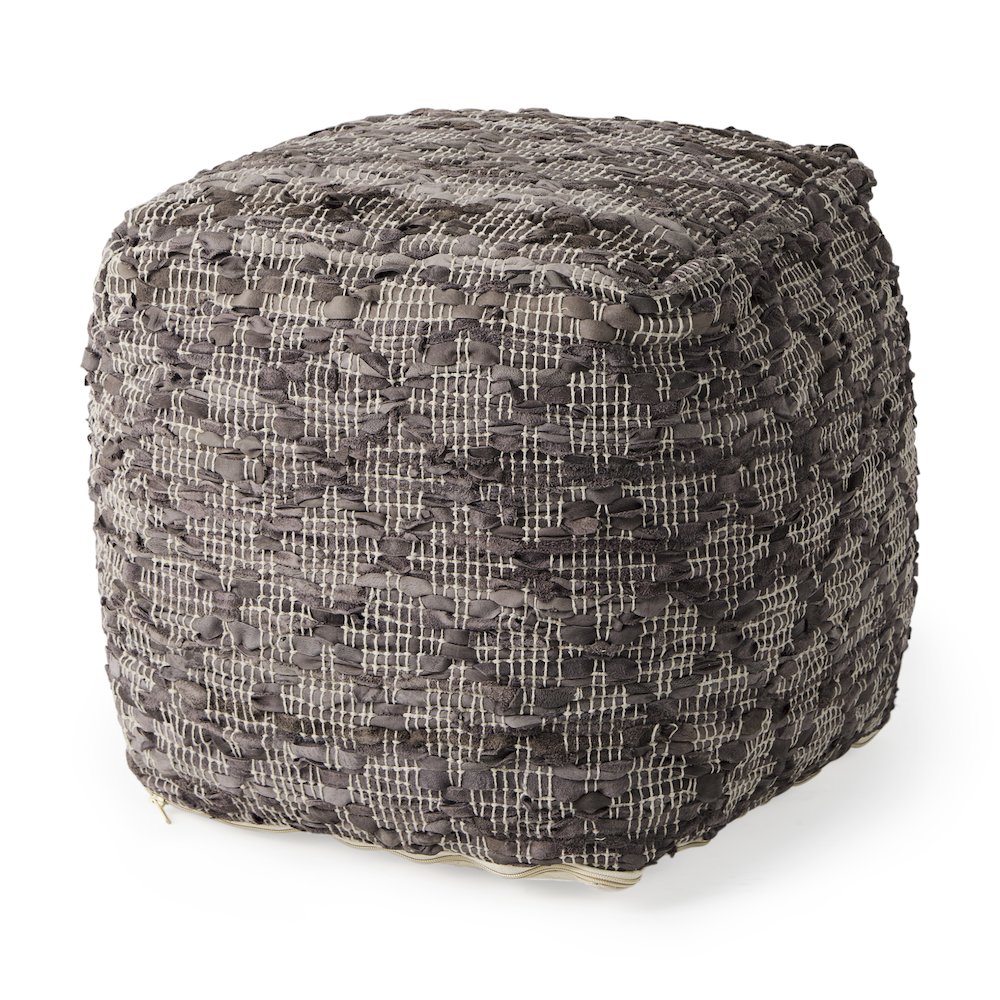 Falguni 16.0L x 16.0W x 16.0H Gray Leather and Cotton Patterned Pouf. Picture 1