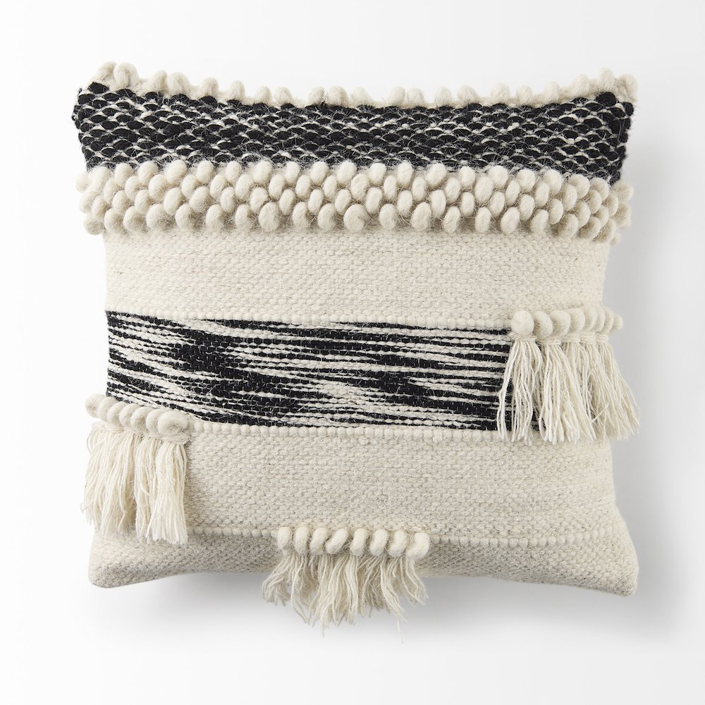 Beardell 18 x 18 Cream And Black Details With Tassels  Decorative Pillow Cover. Picture 5