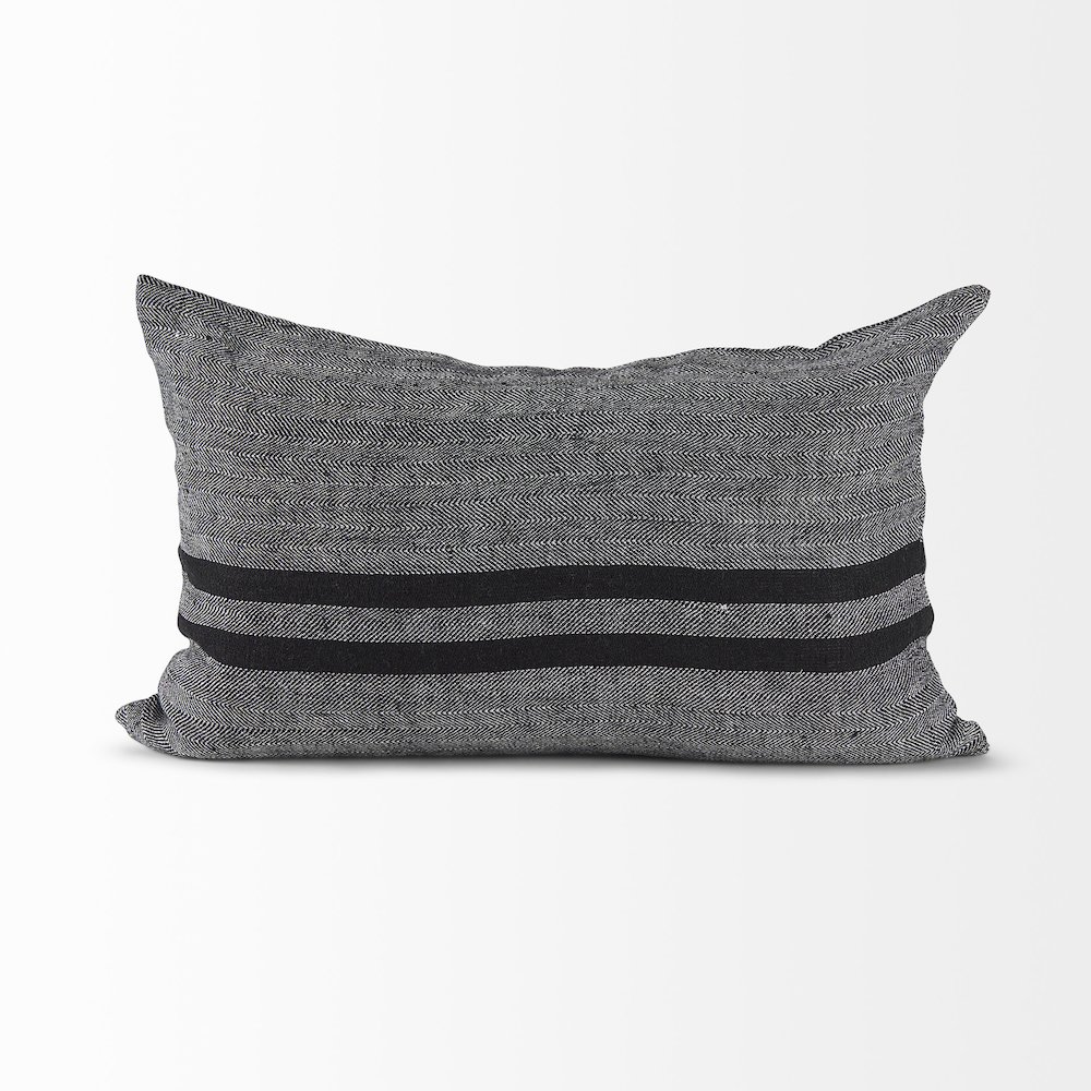 Sibyl 13L x 21W Black Fabric Striped and White Fringed Decorative Pillow Cover. Picture 4