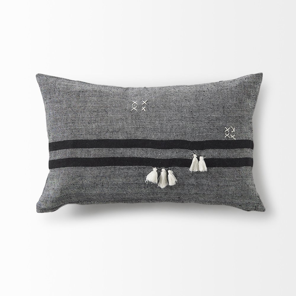 Sibyl 13L x 21W Black Fabric Striped and White Fringed Decorative Pillow Cover. Picture 5