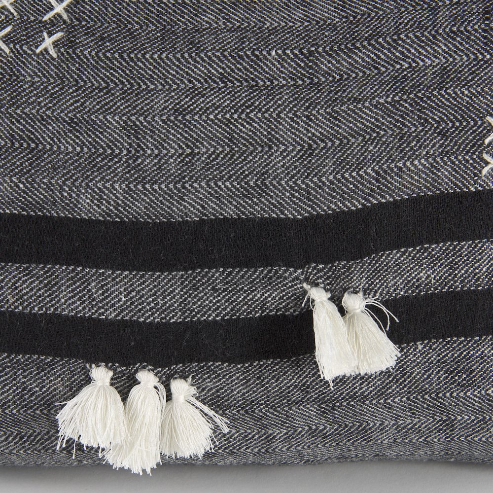 Sibyl 13L x 21W Black Fabric Striped and White Fringed Decorative Pillow Cover. Picture 7
