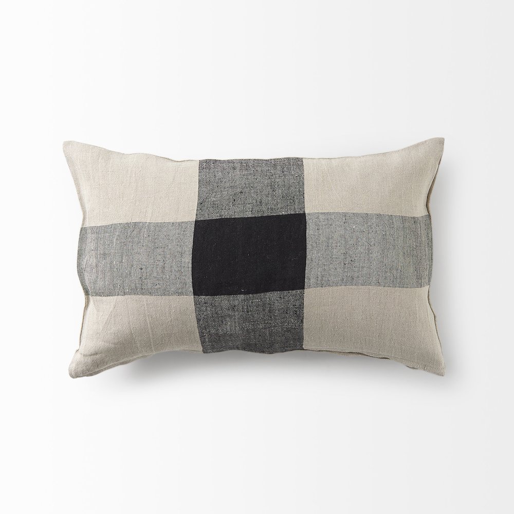 Raquel 13L x 21W Beige and Black Fabric Plaid Decorative Pillow Cover. Picture 4
