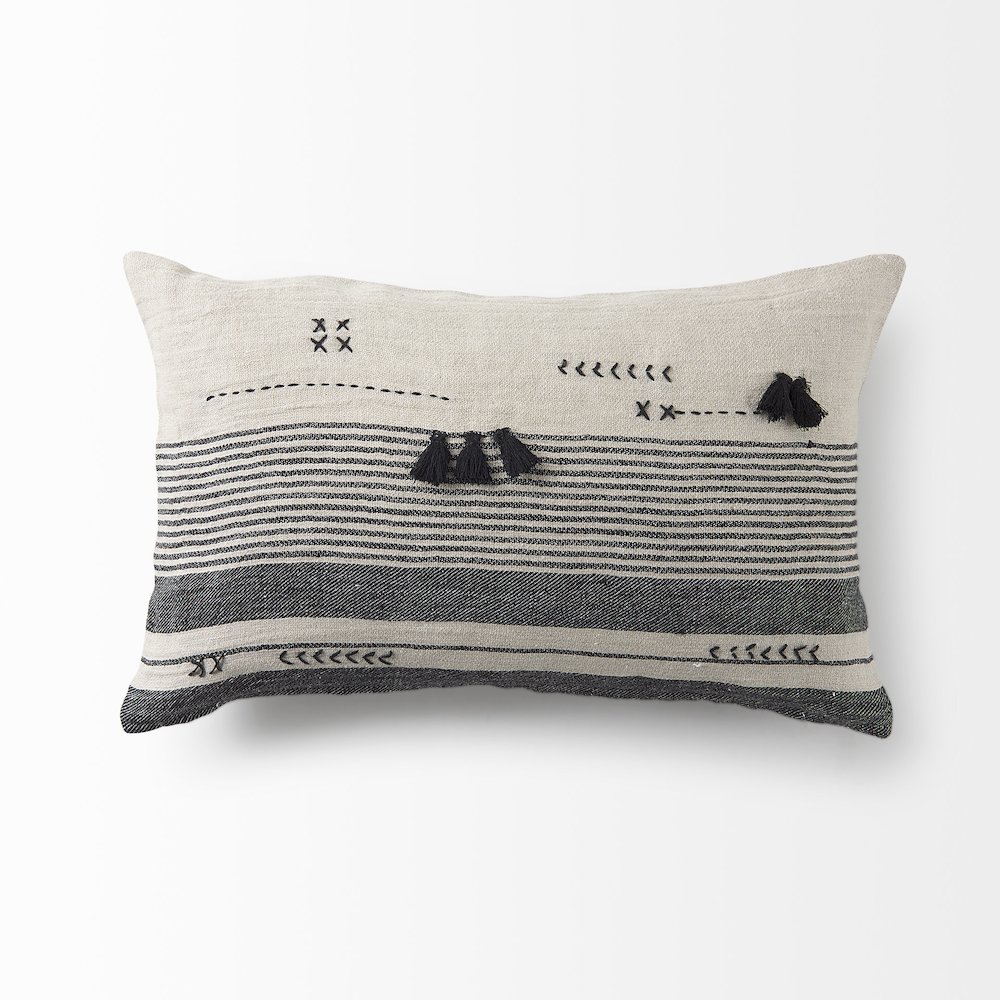 Black and Beige Fabric Striped and Fringed Decorative Pillow Cover. Picture 5