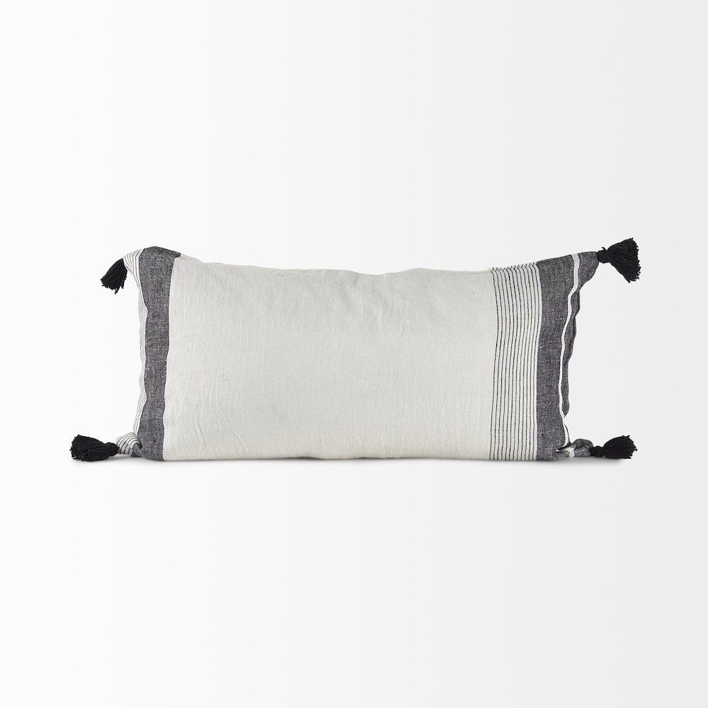 White and Black Fabric Herringbone and Fringed Decorative Pillow Cover. Picture 4
