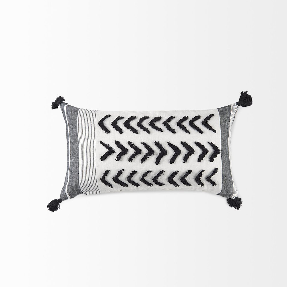 White and Black Fabric Herringbone and Fringed Decorative Pillow Cover. Picture 5
