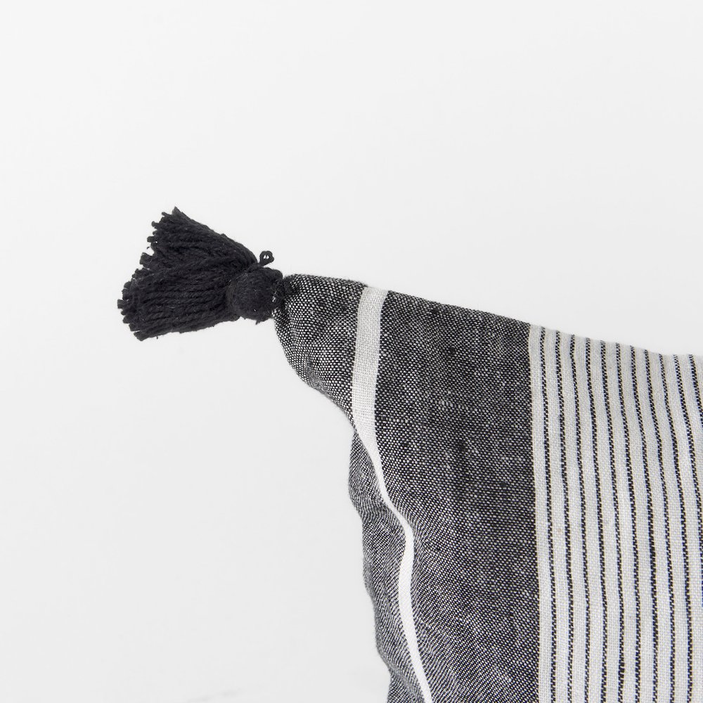 White and Black Fabric Herringbone and Fringed Decorative Pillow Cover. Picture 6