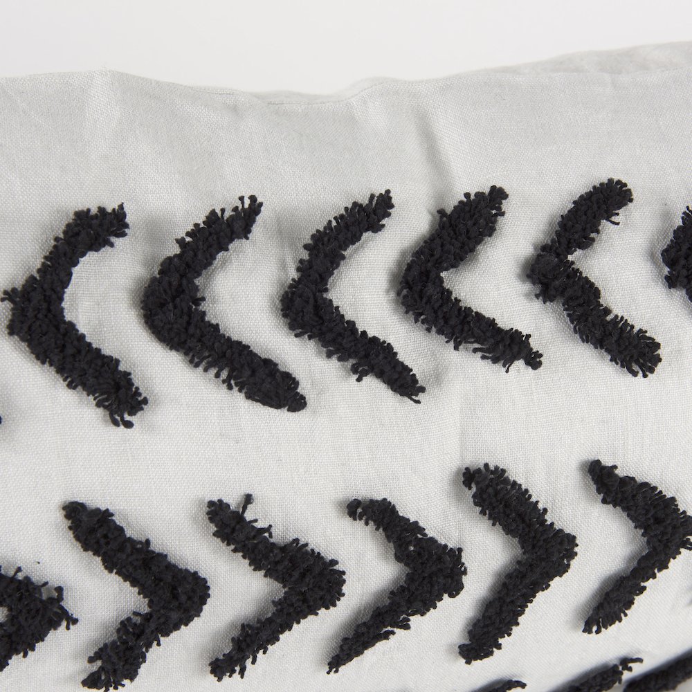 White and Black Fabric Herringbone and Fringed Decorative Pillow Cover. Picture 7