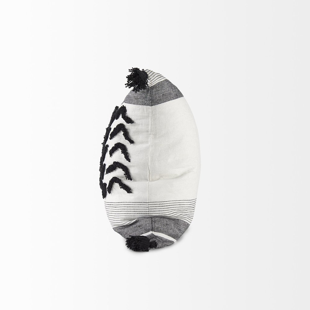 White and Black Fabric Herringbone and Fringed Decorative Pillow Cover. Picture 3