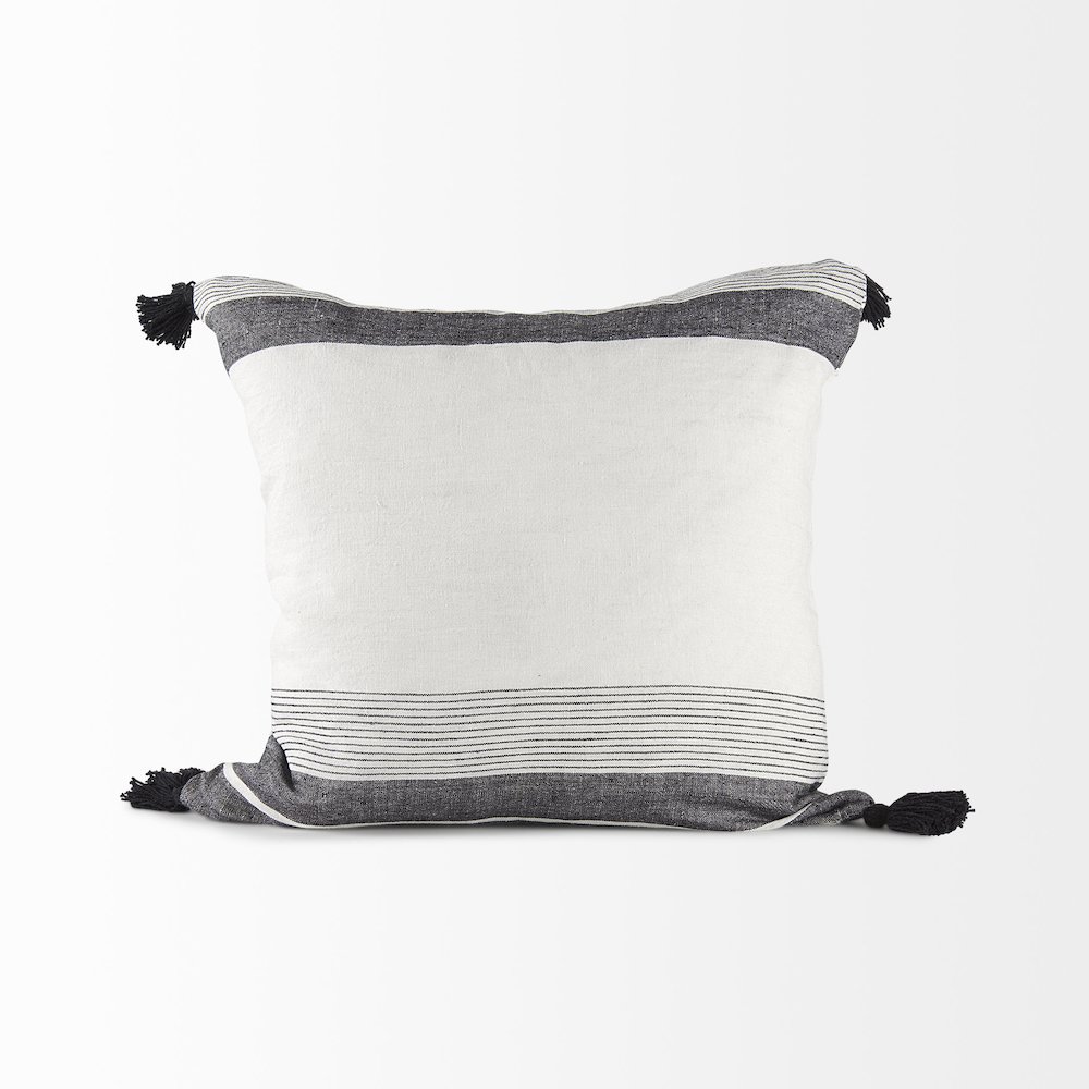 White and Black Fabric Herringbone and Fringed Decorative Pillow Cover. Picture 4