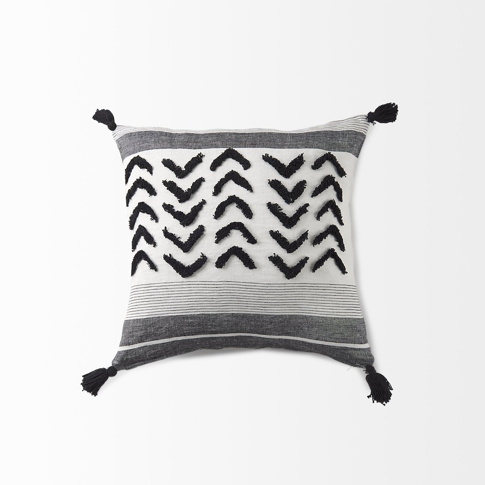 White and Black Fabric Herringbone and Fringed Decorative Pillow Cover. Picture 5
