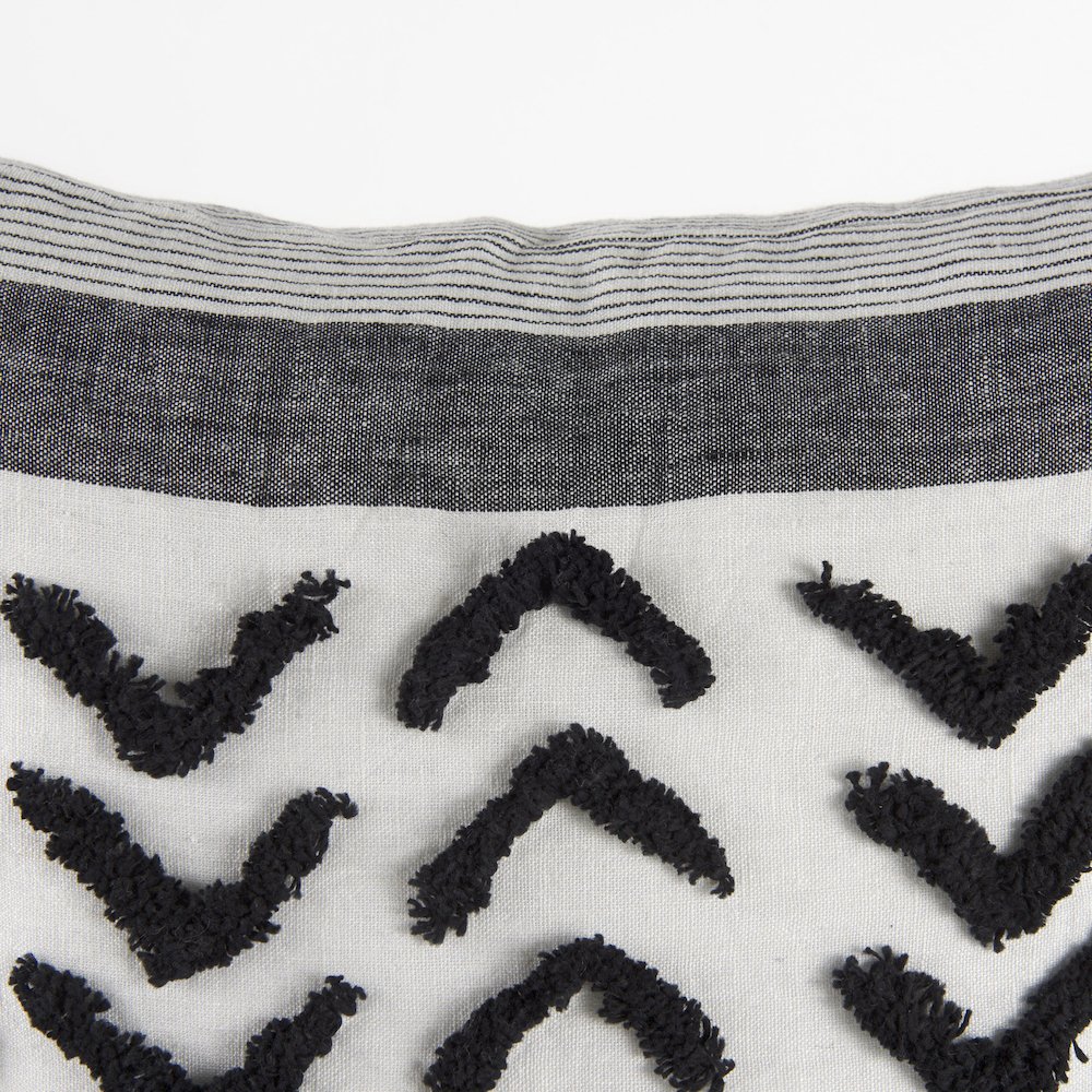 White and Black Fabric Herringbone and Fringed Decorative Pillow Cover. Picture 7