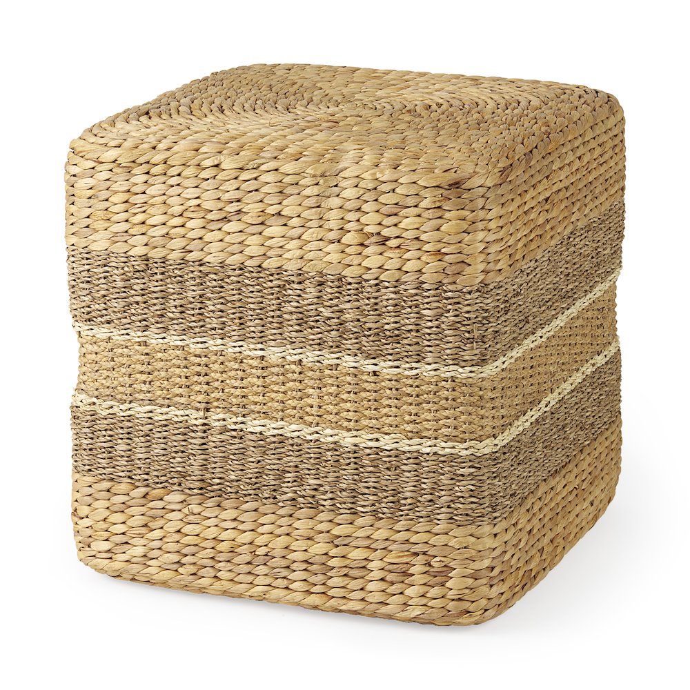 Light Brown W/Medium Brown Stripes Seagrass Square Pouf. Picture 1