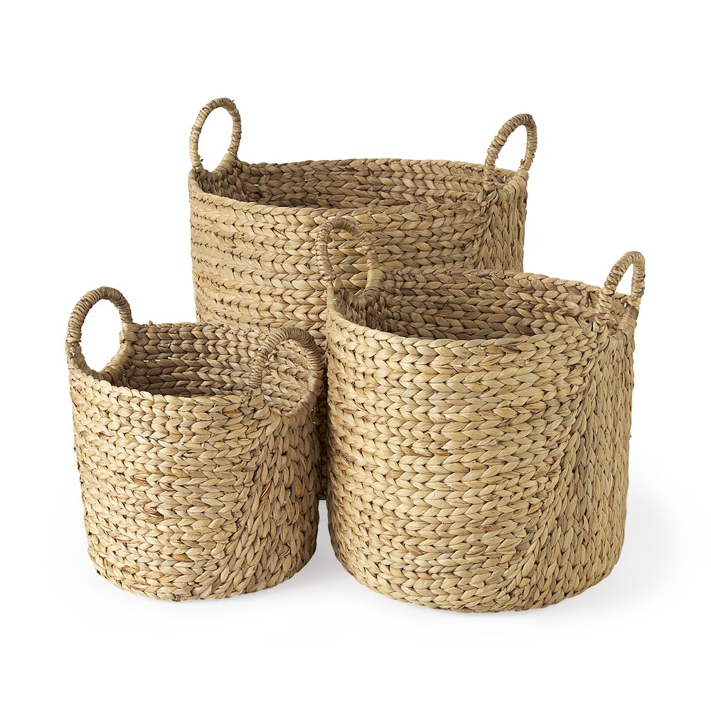 (Set of 3) Light Brown Water Hyacinth Round Basket W/ Handles. Picture 1