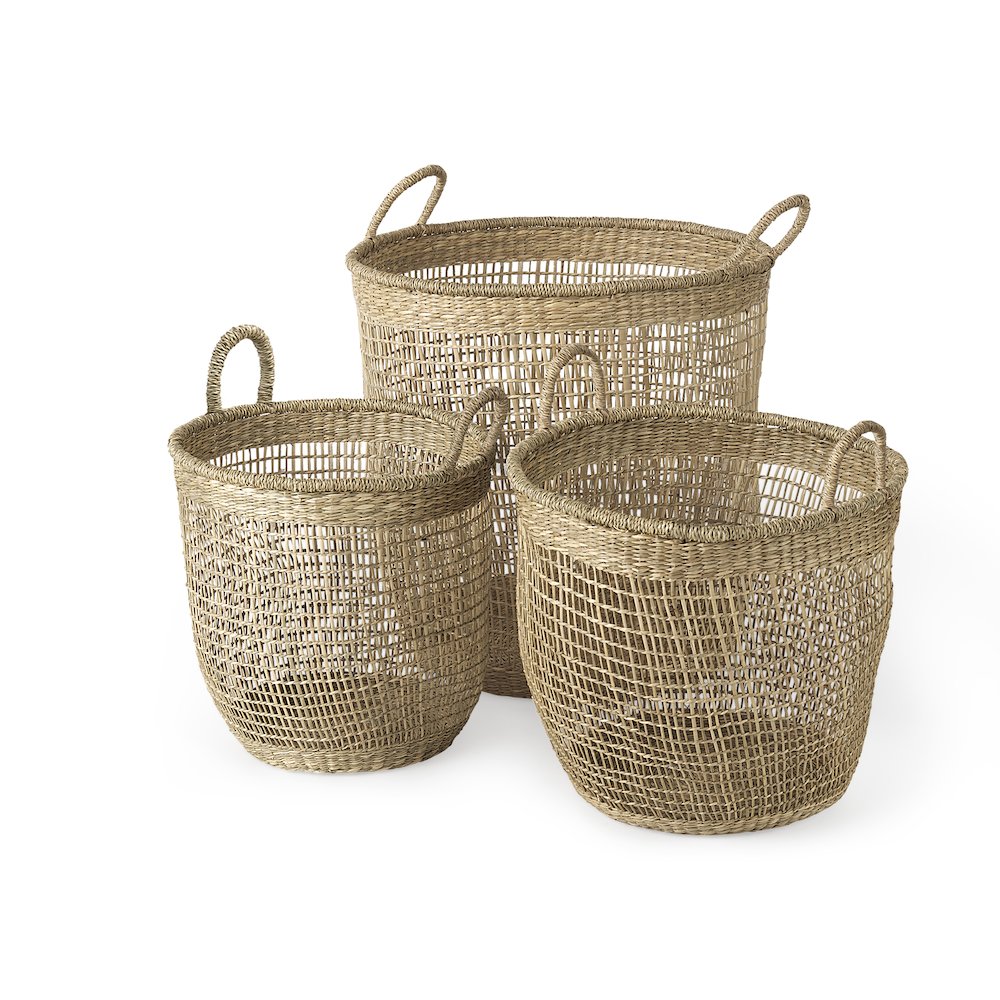 19.7L x 19.7W x 19.7H (Set of 3) Medium Brown Seagrass Round Basket W/ Handles. Picture 1