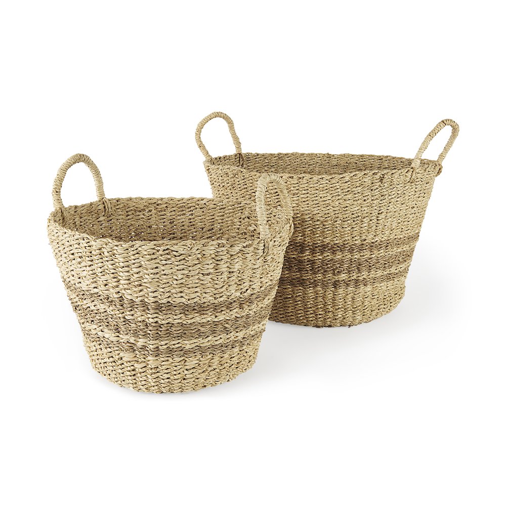 Light Brown Palm Leaf and Seagrass Round Basket W/ Handles. Picture 1