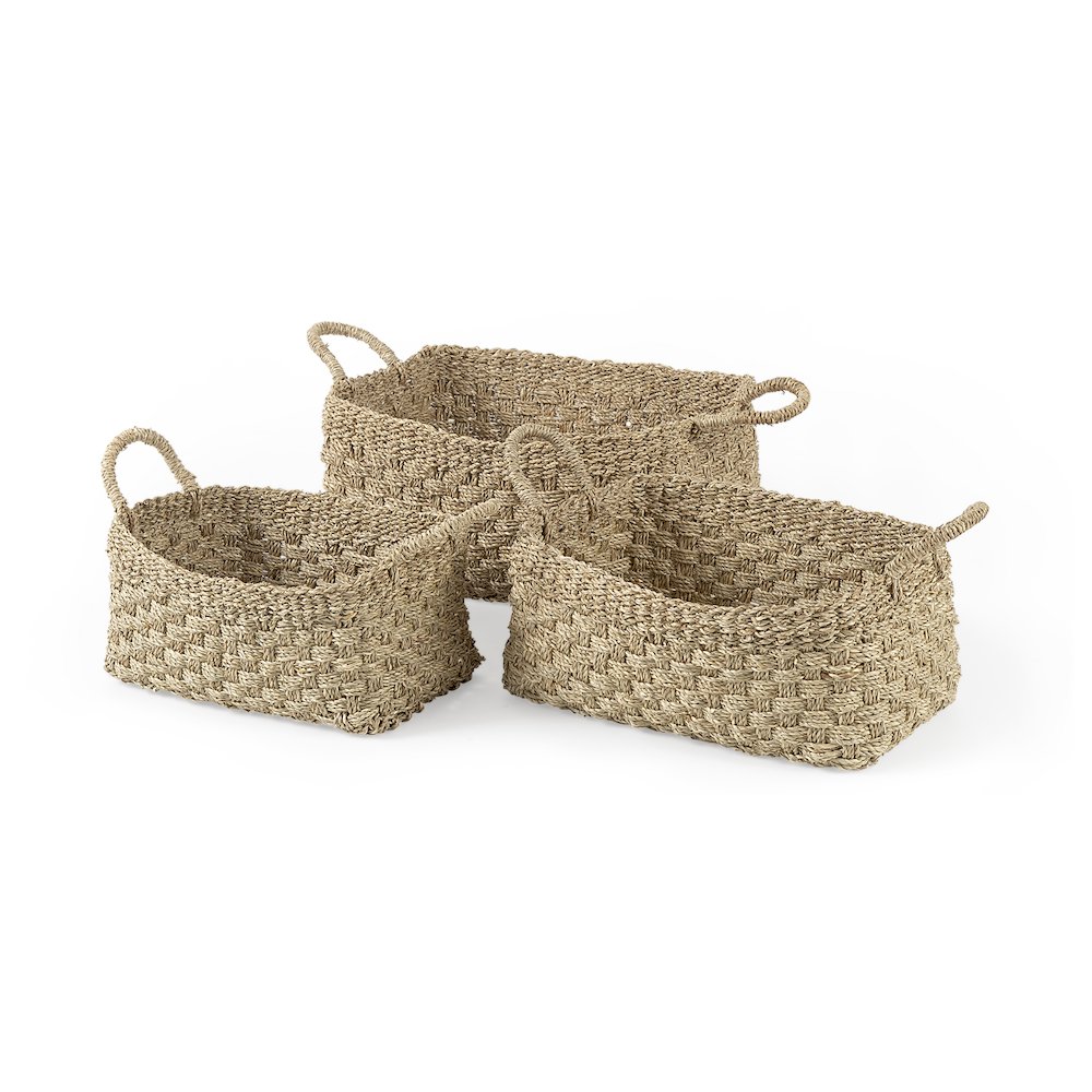 17.3L x 11.8W x 7.9H (Set of 3) Light Brown Seagrass Rectangular Basket. Picture 1