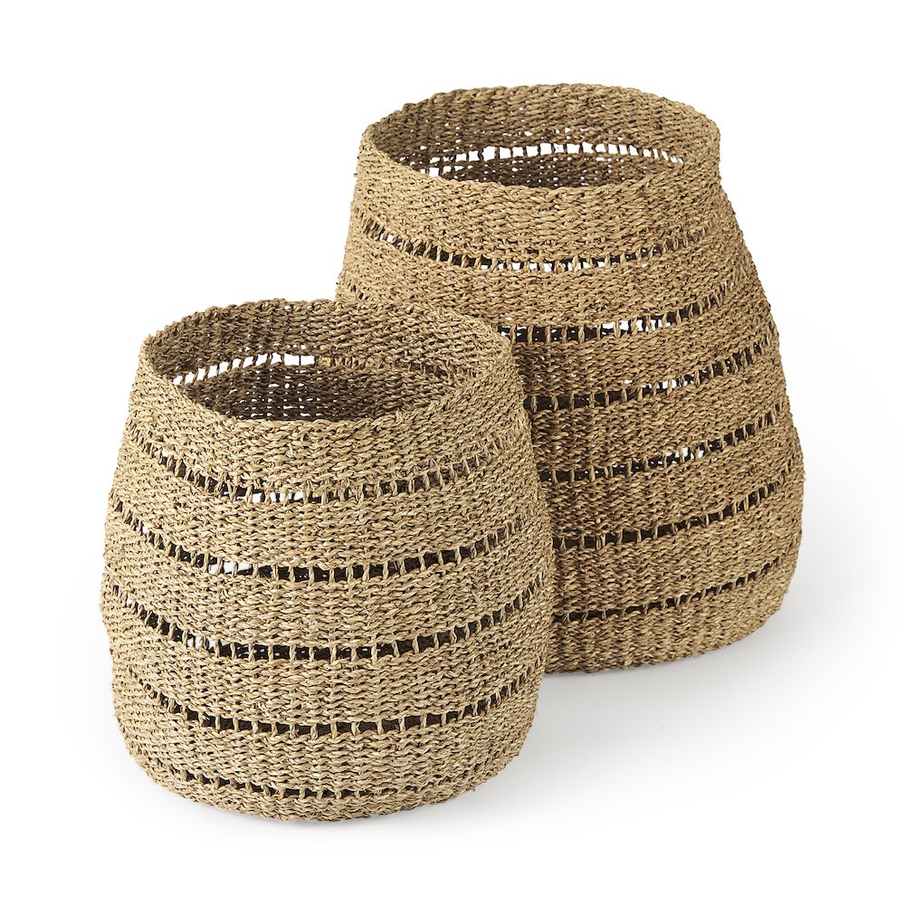 (Set of 2) Medium Brown Seagrass Round Basket with Stripe Pattern. Picture 1