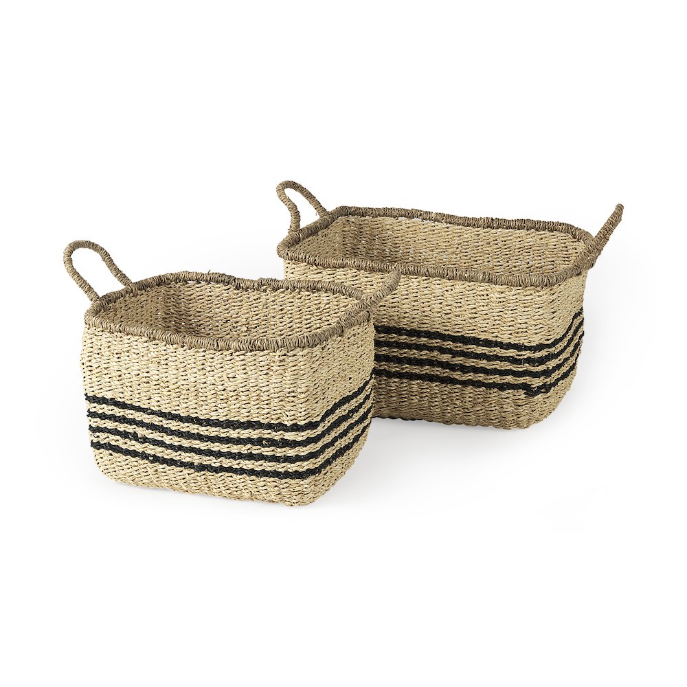 (Set of 2) Light Brown Seagrass Rectangular Basket W/ Black Stripes. Picture 1