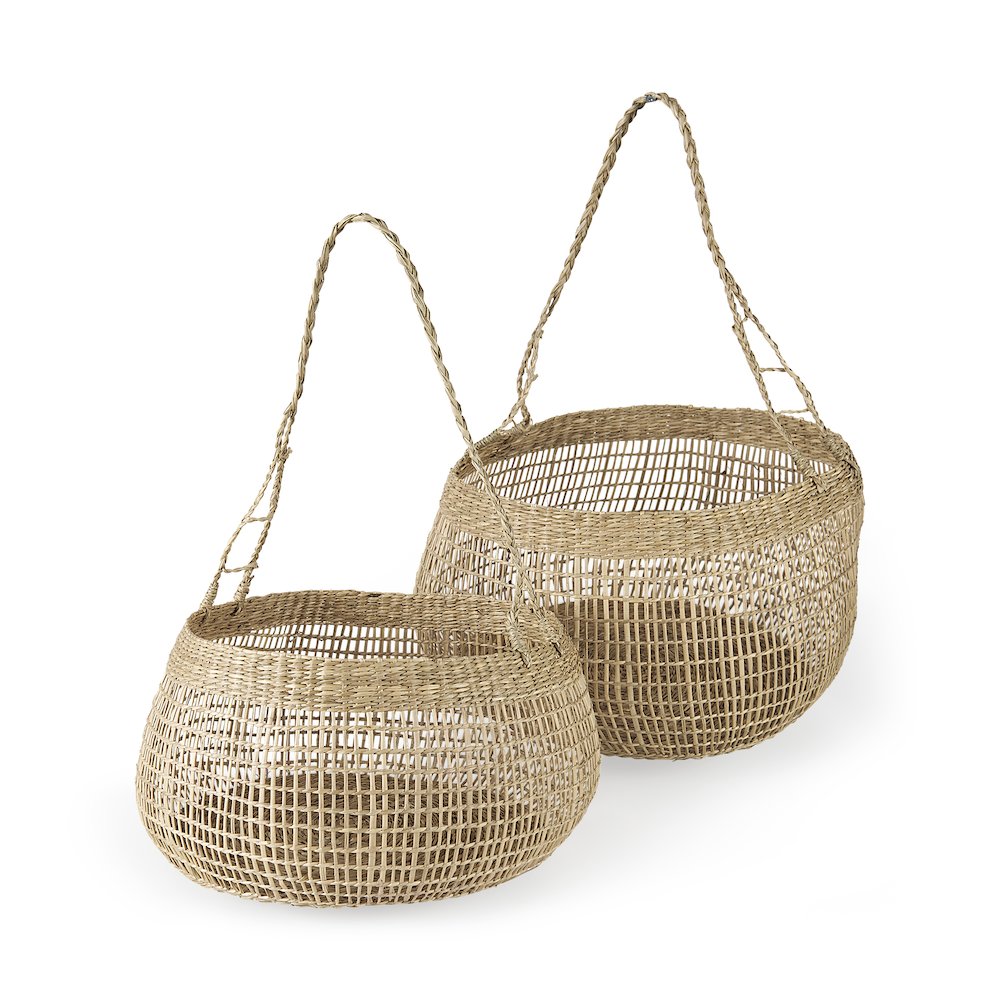 (Set of 2) Light Brown Seagrass Woven Round Basket W/ Long Handle. Picture 1
