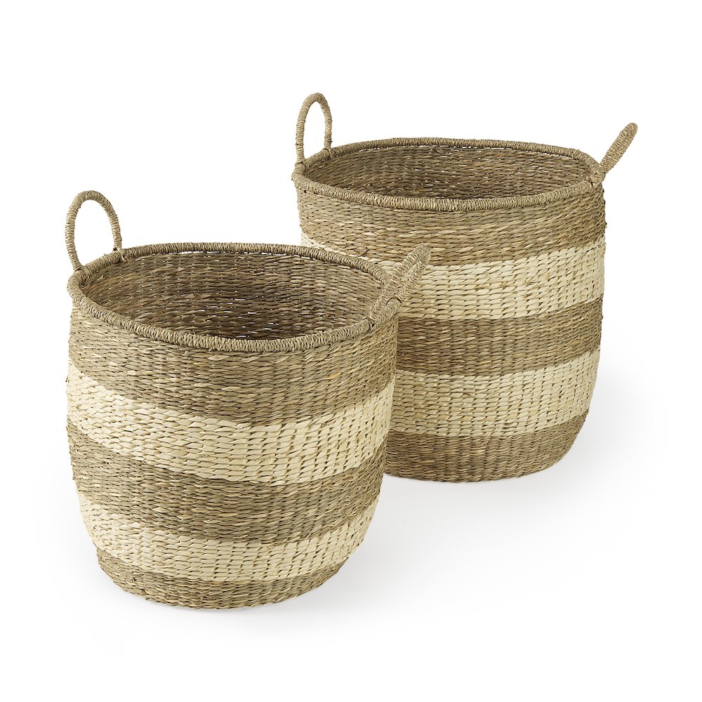 18.1L x 18.1W x 16.0H (Set of 2) Light Brown W/Striped Seagrass Basket. Picture 1