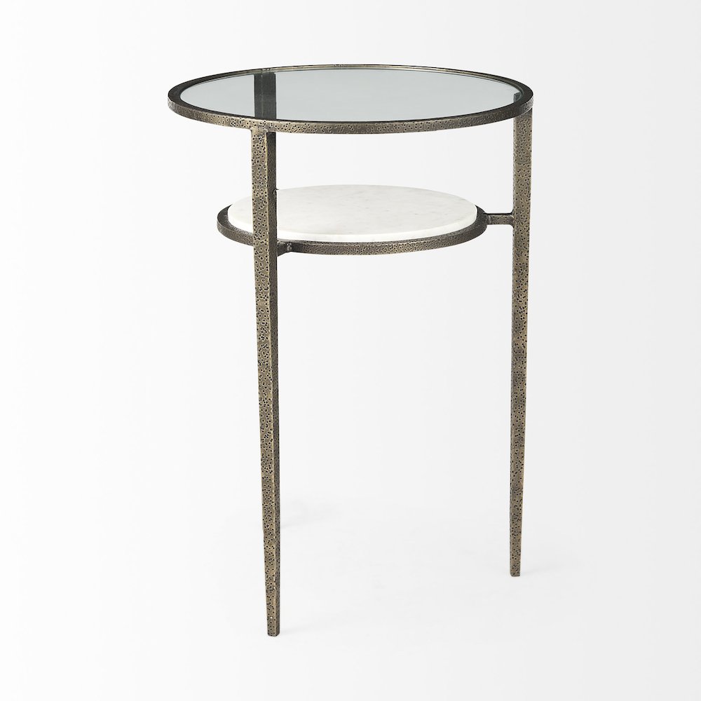 Glass Top W/ White Marble Shelf and Antique Gold Base End/Side Table. Picture 3